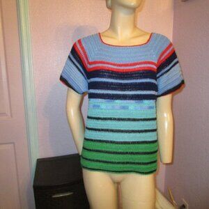 Vtg Hand Knit Sweater Size M Rainbow Stripe Pullover Short Sleeves Boho Hippie